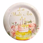set 8 farfurii party la multi ani 18 cm Set de 8 farfurii mici din carton pentru tort, dimensiune 18 cm. Design romantic in stil acuarela cu un tort aniversar pe doua etaje, flori roz si textul cursiv La Multi Ani auriu.