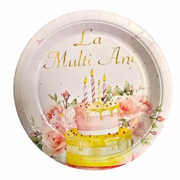 set 8 farfurii party la multi ani 18 cm Set de 8 farfurii mici din carton pentru tort, dimensiune 18 cm. Design romantic in stil acuarela cu un tort aniversar pe doua etaje, flori roz si textul cursiv La Multi Ani auriu.