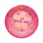 set 8 farfurii roz la multi ani 18 cm Set de 8 farfurii mici din carton lucios pentru tort, dimensiune 18 cm. Design roz intens cu o stea centrala, mesajul La Multi Ani, note muzicale, coronite si floricele.