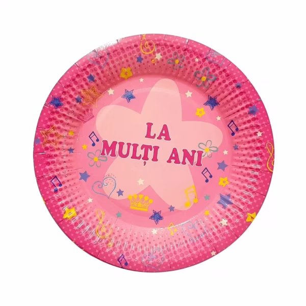 set 8 farfurii roz la multi ani 18 cm Set de 8 farfurii mici din carton lucios pentru tort, dimensiune 18 cm. Design roz intens cu o stea centrala, mesajul La Multi Ani, note muzicale, coronite si floricele.