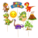 set 9 toppere tort dinozauri Set de 9 toppere din carton pentru tort cu tematica dinozauri, incluzând un mesaj Happy Birthday multicolor, un soare, un vulcan, palmieri și 5 dinozauri simpatici.