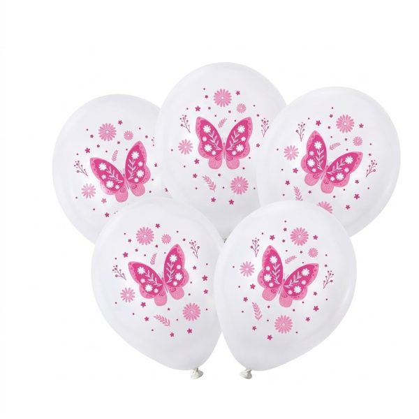 set baloane latex fluturi Buchet de baloane din latex alb, decorate cu un imprimeu vesel reprezentand un fluture roz inconjurat de floricele delicate.