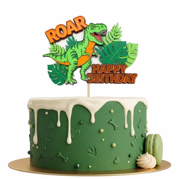 topper tort happy birthday dinozaur Topper de tort Happy Birthday din carton cu tematică dinozauri, ilustrând un T-Rex verde, frunze tropicale și textul ROAR, așezat pe un tort tematic.