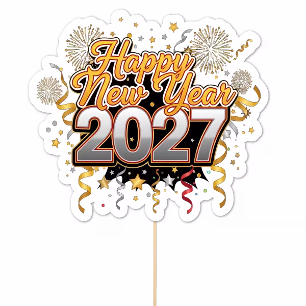 Topper pentru tort din carton decupat pe un contur alb, ilustrând mesajul Happy New Year cu litere aurii caligrafice deasupra anului 2027 scris cu cifre argintii metalizate, întregul ansamblu fiind înconjurat de artificii aurii, stele și panglici ondulate de confetti