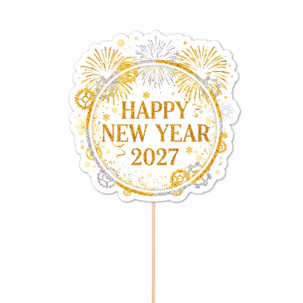 Topper pentru tort din carton decupat cu margini ondulate, având un fundal alb decorat festiv cu explozii de artificii aurii și argintii, mici roți dințate de ceasornic și mesajul central Happy New Year 2027 realizat cu o textură ce imită sclipiciul auriu