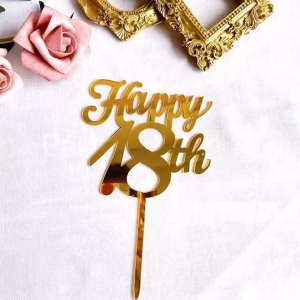 Topper De Tort Auriu Din Acril Cu Efect De Oglinda Si Textul Caligrafic Happy 18Th Prevazut Cu O Tija De Sustinere