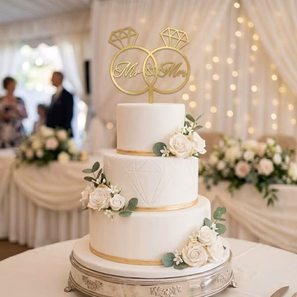 Topper Tort Nuntă Mr & Mrs Auriu Oglindă Tort de nuntă elegant, alb, cu trei etaje și decorațiuni florale, încununat de topperul auriu oglindă Mr & Mrs sub formă de inele intersectate cu diamant.