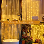 Instalatie Luminoasa Tip Perdea 3x2m, 200 LED-uri Alb Cald, USB si Telecomanda, Instalatie luminoasa tip perdea 3x2m cu 200 LED-uri alb cald, controlata prin telecomanda, evidentiind mufa de alimentare USB.