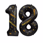 Baloane din folie metalizata sub forma cifrelor 1 si 8 de culoare neagra decorate festiv cu textul Happy Birthday coronite si stelute aurii