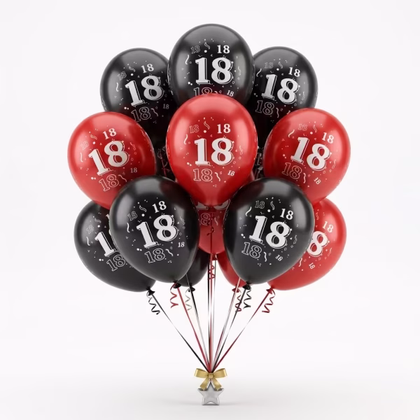Buchet de 10 baloane din latex in culorile rosu si negru decorate cu numarul 18 alb de dimensiuni mari in centru si alte numere 18 mai mici in fundal