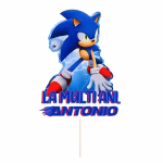 Detaliu topper tort personalizat Sonic The Hedgehog fulgere albastre nume carton imprimat premium