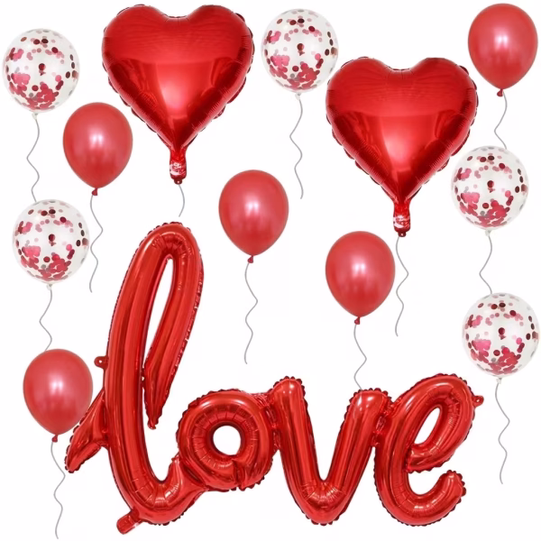 Set de baloane festive incluzand un balon mare rosu in forma cuvantului love in stil cursiv doua inimi din folie baloane din latex rosu si baloane transparente umplute cu confetti rosu