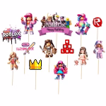 Set 13 Toppere Tort Roblox Girl Roz Set complet de 13 toppere tort Roblox gaming pentru fete incluzand banner Happy Birthday, sabie pixelata roz, coroana si caractere.