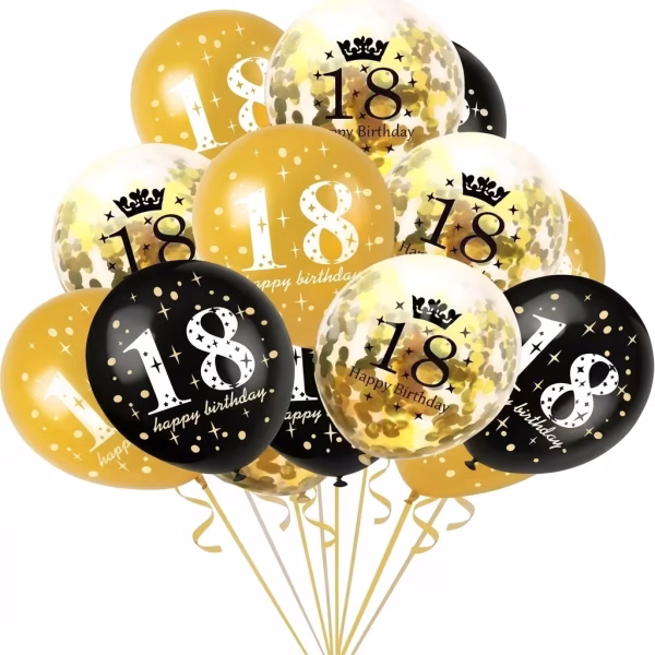 Buchet format dintr un mix de baloane pentru majorat in culorile auriu si negru cu textul 18 Happy Birthday alaturi de baloane transparente cu confetti auriu si o coronita neagra