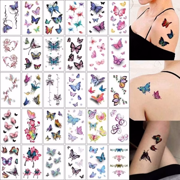 Set de 30 coli cu tatuaje temporare reprezentand fluturi multicolori in diverse stiluri artistice aplicate pe umar spate si picior