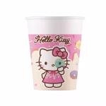 Pahar din carton ilustrat cu personajul Hello Kitty ținând o gogoașă, având în partea superioară un model de glazură roz scursă cu textul Hello Kitty și bombonele colorate pe fundal. Pe pahar este imprimat și personajul Kuromi.