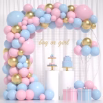 set aranjament baloane gender reveal Arcada asimetrica pentru baby shower realizata dintr-un set aranjament baloane gender reveal cu 106 piese, in culorile roz pastel, bleu si auriu chrome, incadrand textul boy or girl.