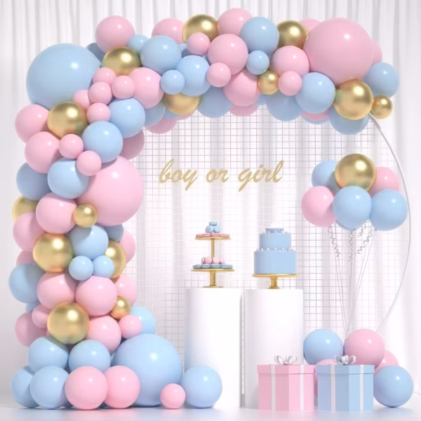 set aranjament baloane gender reveal Arcada asimetrica pentru baby shower realizata dintr-un set aranjament baloane gender reveal cu 106 piese, in culorile roz pastel, bleu si auriu chrome, incadrand textul boy or girl.