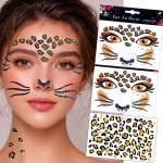 Sticker temporar autoadeziv pentru fata cu elemente de leopard incluzand pete aurii cu negru mustati si nas decorate cu sclipici alaturi de cateva pietricele argintii