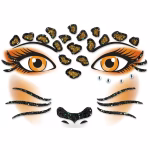 Sticker temporar autoadeziv pentru fata cu elemente de leopard incluzand pete aurii cu negru mustati si nas decorate cu sclipici alaturi de cateva pietricele argintii
