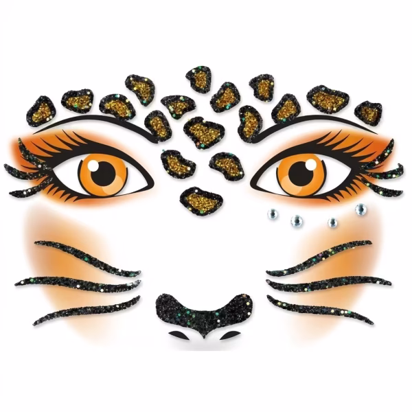 Sticker temporar autoadeziv pentru fata cu elemente de leopard incluzand pete aurii cu negru mustati si nas decorate cu sclipici alaturi de cateva pietricele argintii