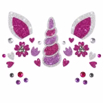 Sticker temporar autoadeziv pentru fata cu elemente de unicorn incluzand corn urechi flori si inimioare decorate cu sclipici roz si argintiu impreuna cu pietricele rotunde