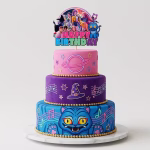 Topper Tort Kpop Demon Hunters & Saja Boys Mockup cu topper de tort Happy Birthday K-Pop Demon Hunters si Saja Boys așezat pe un tort etajat decorat cu pisică albastră, pălărie de vrăjitoare și note muzicale neon.