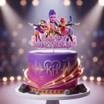Topper Tort Kpop Demon Hunters & Saja Boys Mockup cu topper de tort Happy Birthday K-Pop Demon Hunters și Saja Boys așezat pe un tort mov spectaculos, decorat cu elemente aurii, microfoane și boxe muzicale.