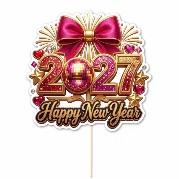 Topper pentru tort din carton decupat pe contur, ilustrând o fundiță voluminoasă în culorile negru și auriu, peste care este suprapus mesajul elegant Happy 2027 New Year cu detalii metalizate