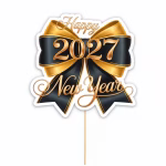 Topper pentru tort din carton decupat pe contur, ilustrând o fundiță voluminoasă în culorile negru și auriu, peste care este suprapus mesajul elegant Happy 2027 New Year cu detalii metalizate