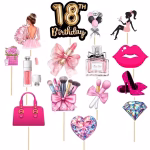 Set de 15 toppere din carton pentru tort de majorat cu tematica feminina ilustrand accesorii de make up pantofi cu toc diamante siluete de fete si mesajul 18th Birthday