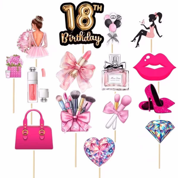 Set de 15 toppere din carton pentru tort de majorat cu tematica feminina ilustrand accesorii de make up pantofi cu toc diamante siluete de fete si mesajul 18th Birthday