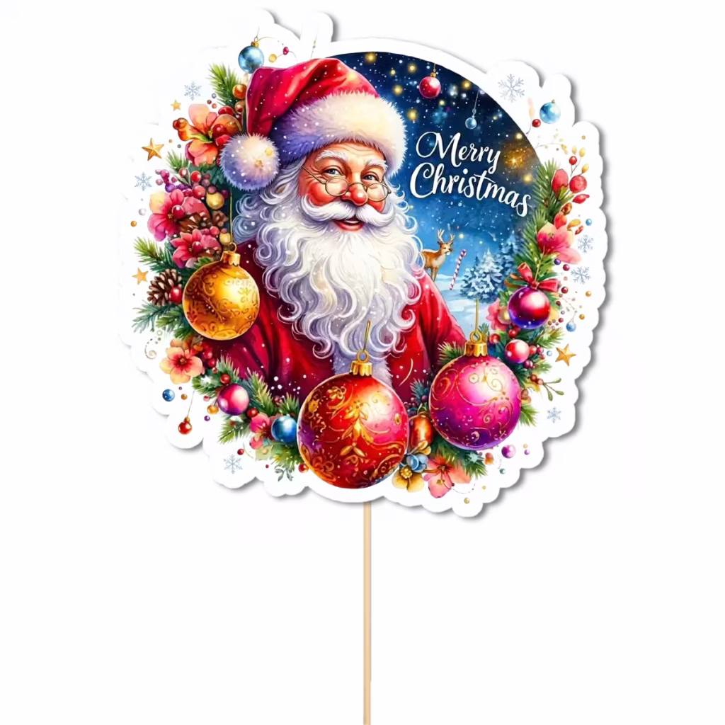 Topper pentru tort din carton decupat pe contur, ilustrând un portret clasic și detaliat al lui Moș Crăciun cu ochelari, încadrat de o coroniță festivă din crenguțe de brad, globuri masive ornamentate în nuanțe de roșu și auriu, flori, un peisaj de noapte cu un ren și mesajul elegant Merry Christmas