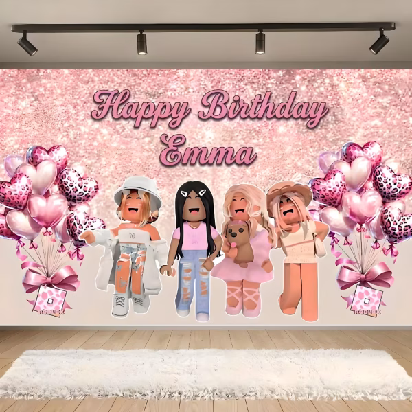 Background Textil Personalizat ROBLOX GIRL pentru Poze (COD B06) Background decorativ textil premium personalizat, tematica Roblox Girl, ilustrand fundal roz sclipitor, 4 avatare feminine Roblox, baloane inimi cu imprimeu leopard si textul Happy Birthday Emma.