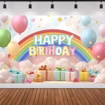Background Textil Premium Curcubeu Happy Birthday 210x130 cm - COD 562B Background textil premium pentru arcada cu peisaj curcubeu pastel baloane cadouri si mesajul Happy Birthday.