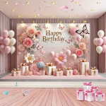 Background Textil Premium Happy Birthday, Floral Roz, 210x130 cm (Cod 573B) Background textil premium cu textul Happy Birthday auriu, decorat cu flori roz, fluturi si cadouri, asezat intr-un cadru festiv de petrecere pentru fete.
