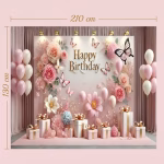 Specificatii dimensiuni pentru background-ul textil foto Happy Birthday, indicand 210 cm latime si 130 cm inaltime.