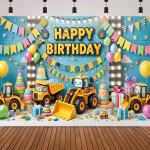 Background Textil Premium Happy Birthday Masini si Utilaje Constructii, 210x130 cm (Cod 579B) Background textil premium cu textul Happy Birthday, decorat cu masini, excavatoare si utilaje de constructii simpatice pe un fundal albastru festiv.