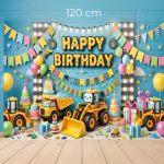 Specificatii dimensiuni pentru background-ul textil foto Happy Birthday cu utilaje, indicand 210 cm latime si 130 cm inaltime.
