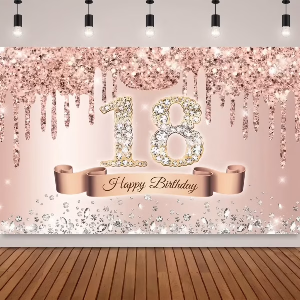 Mockup cu un background majorat fundal foto 18 ani ilustrand un efect de sclipici scurs o panglica rose gold cu textul Happy Birthday si numarul 18 din diamante pe un fundal roz pudrat.