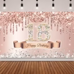 Mockup cu un background majorat fundal foto pentru 18 ani ilustrand un numar 18 cu diamante un efect de sclipici curgator si o panglica Happy Birthday pe un fundal rose gold