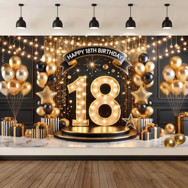 Mockup cu un background majorat fundal foto 18 ani ilustrand numarul 18 luminos baloane aurii si negre cadouri si textul Happy 18th Birthday pe o panglica eleganta.