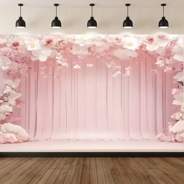 Mockup cu un background textil pentru panou foto decorat cu o superba arcada din flori 3D albe si roz pe un fundal tip cortina pastelata.