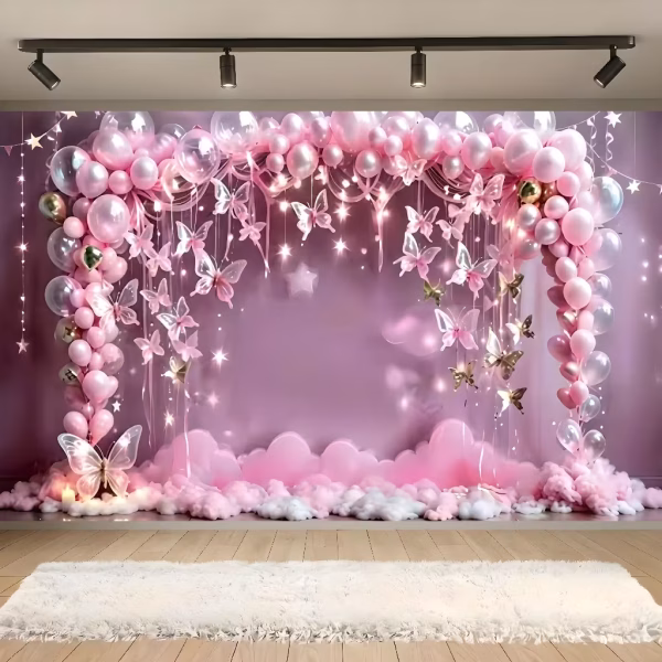 background textil fluturi Background textil pentru panou foto de botez sau aniversare, ilustrand o tematica de basm cu fluturi stralucitori si o arcada din baloane roz pastel.