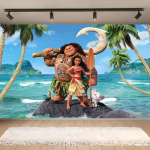 background textil moana Background textil pentru panou foto cu personajele Moana, semizeul Maui, porcusorul Pua si cocosul Heihei pe o plaja tropicala cu palmieri.