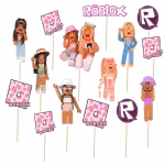 set 15 toppere tort roblox girl Set de 15 toppere tort Roblox Girl din carton cu avatare feminine fashion, logo-uri mov si sigle roz cu print animal.