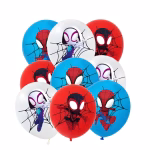 Set format din baloane din latex in culorile rosu albastru si alb imprimate cu eroii Spidey Ghost-Spider si Spin pe fundal cu panza de paianjen neagra