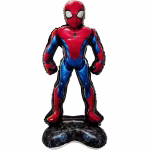 Balon din folie metalizata tip airwalker in forma personajului Spider Man 3D asezat pe o baza neagra decorata cu modele de panze de paianjen