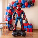Balon din folie metalizata tip airwalker in forma personajului Spider Man 3D asezat pe o baza neagra decorata cu modele de panze de paianjen