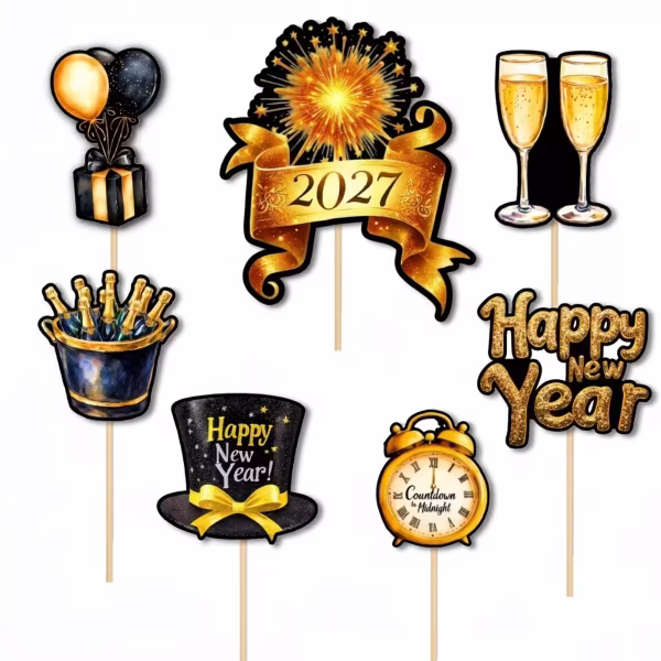 Set de 7 toppere pentru tort din carton, ilustrând elemente festive de Revelion în culorile negru și auriu: un cadou cu baloane, o frapieră plină cu șampanie, artificii cu anul 2027 pe o panglică, un joben elegant, un ceas care indică miezul nopții, pahare de șampanie și mesajul Happy New Year